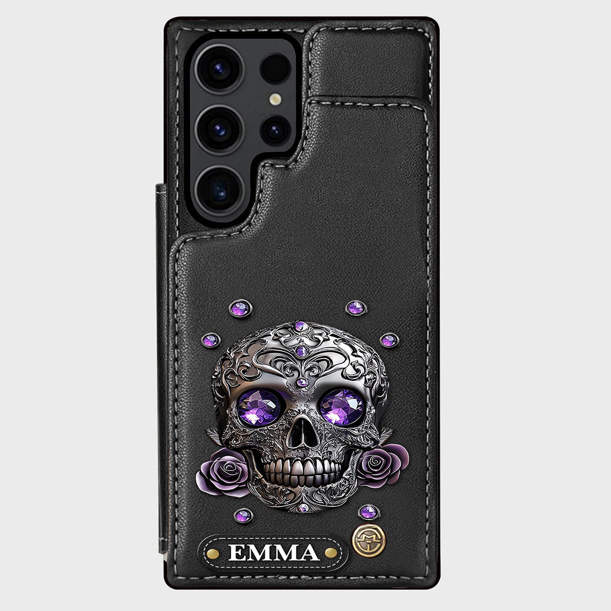Étui portefeuille personnalisé avec tête de mort et roses