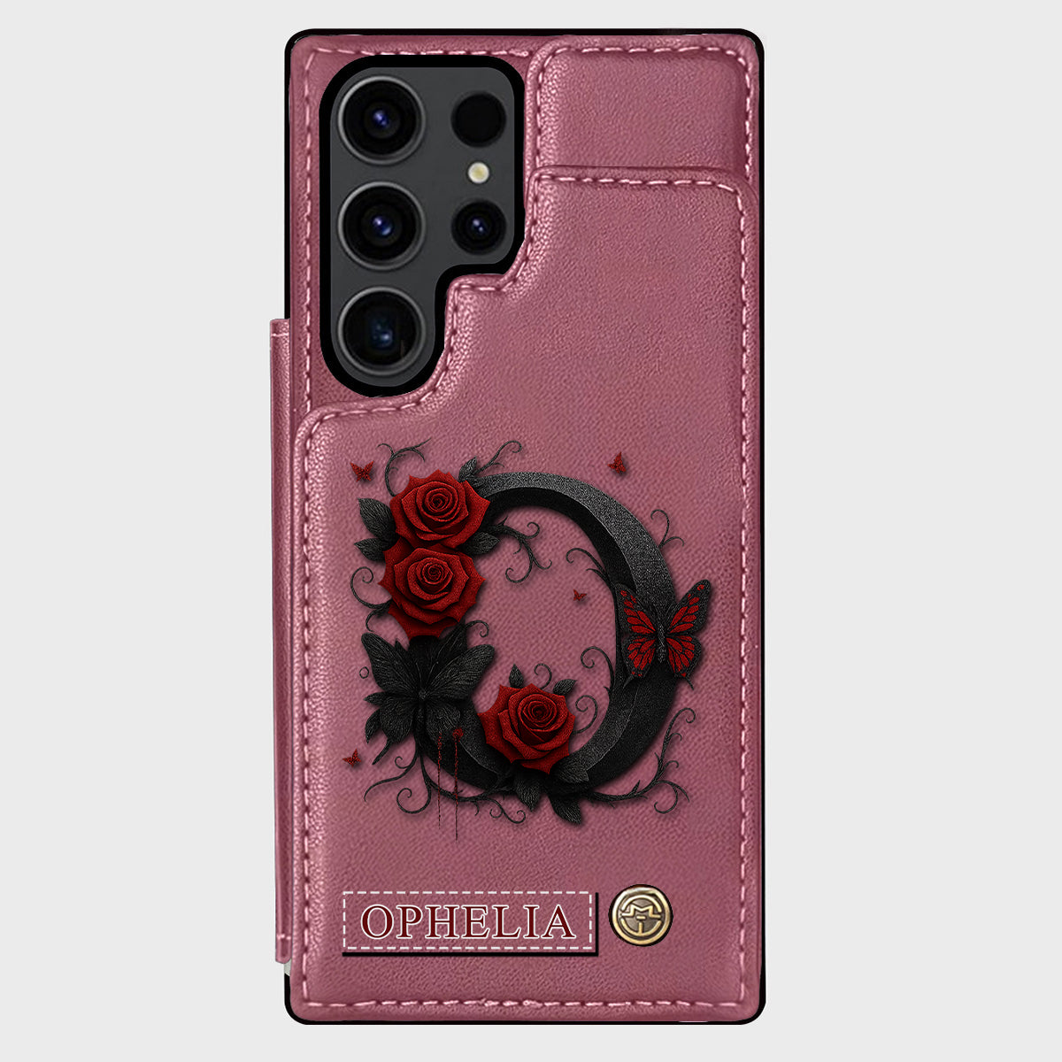 Étui portefeuille de luxe personnalisé avec alphabet, rose rouge et papillons - Étui de téléphone de luxe
