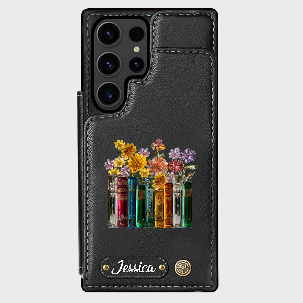 Étui portefeuille personnalisé « Livres et fleurs »