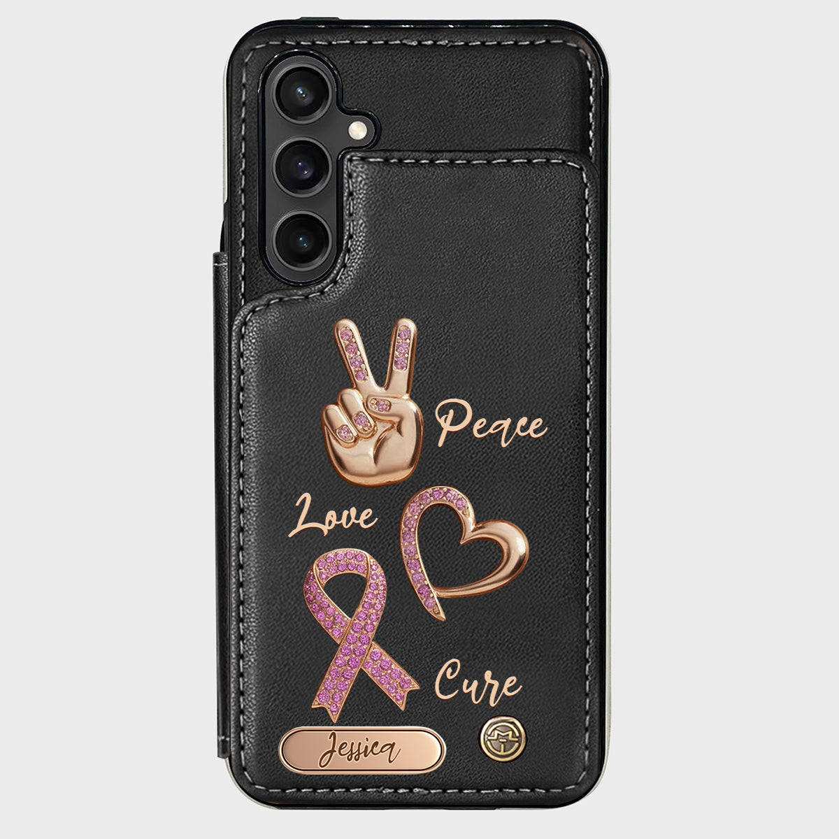 Étui portefeuille personnalisé Peace Love Cure pour téléphone, symbole de sensibilisation au cancer du sein