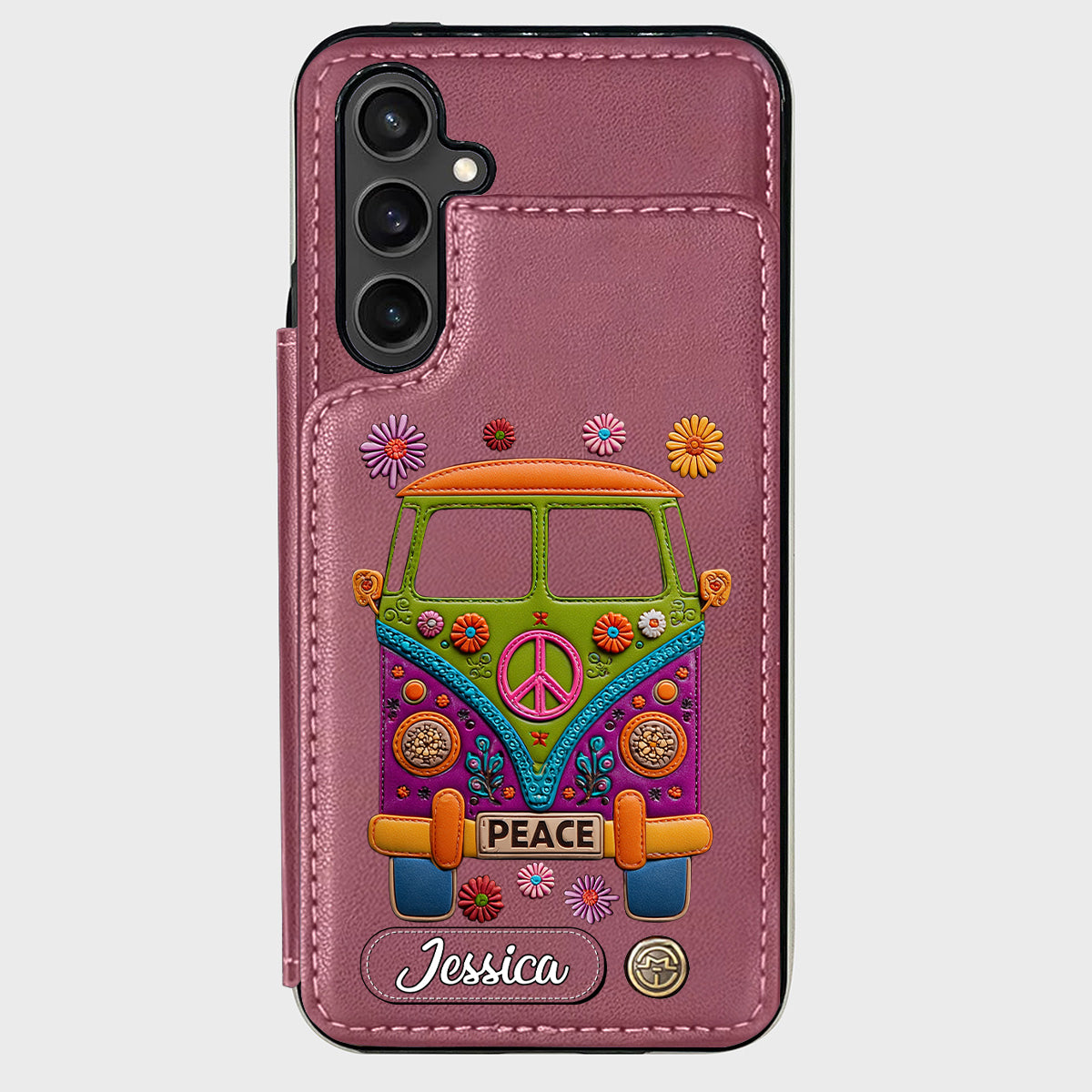Peace Bus - Étui portefeuille hippie personnalisé avec breloque en cuir