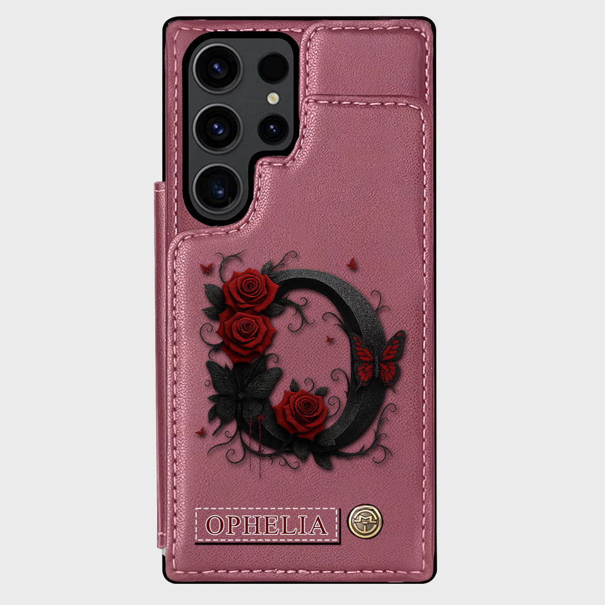 Étui portefeuille de luxe personnalisé avec alphabet, rose rouge et papillons - Étui de téléphone de luxe
