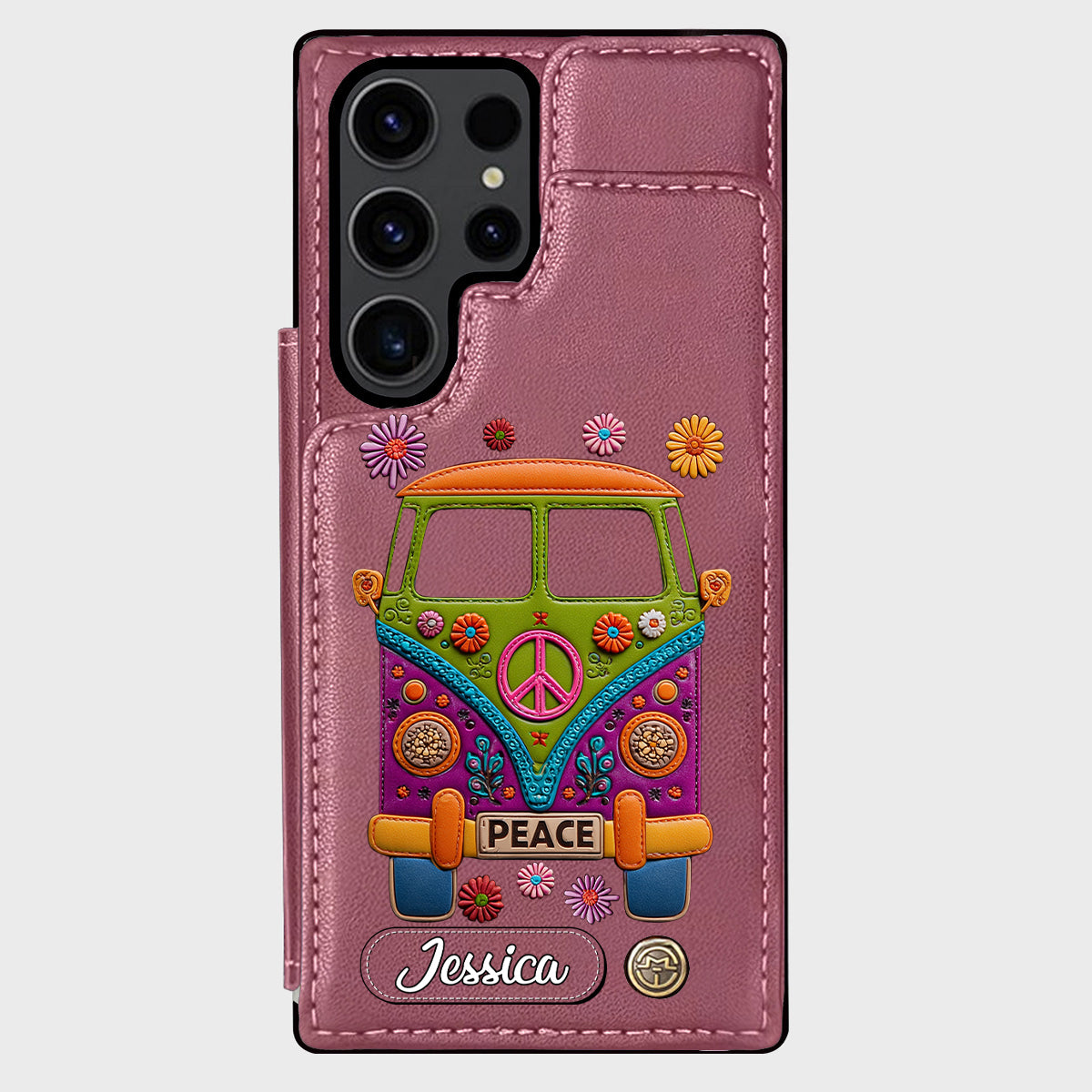 Peace Bus - Étui portefeuille hippie personnalisé avec breloque en cuir