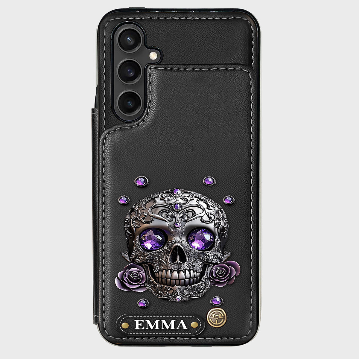 Étui portefeuille personnalisé avec tête de mort et roses