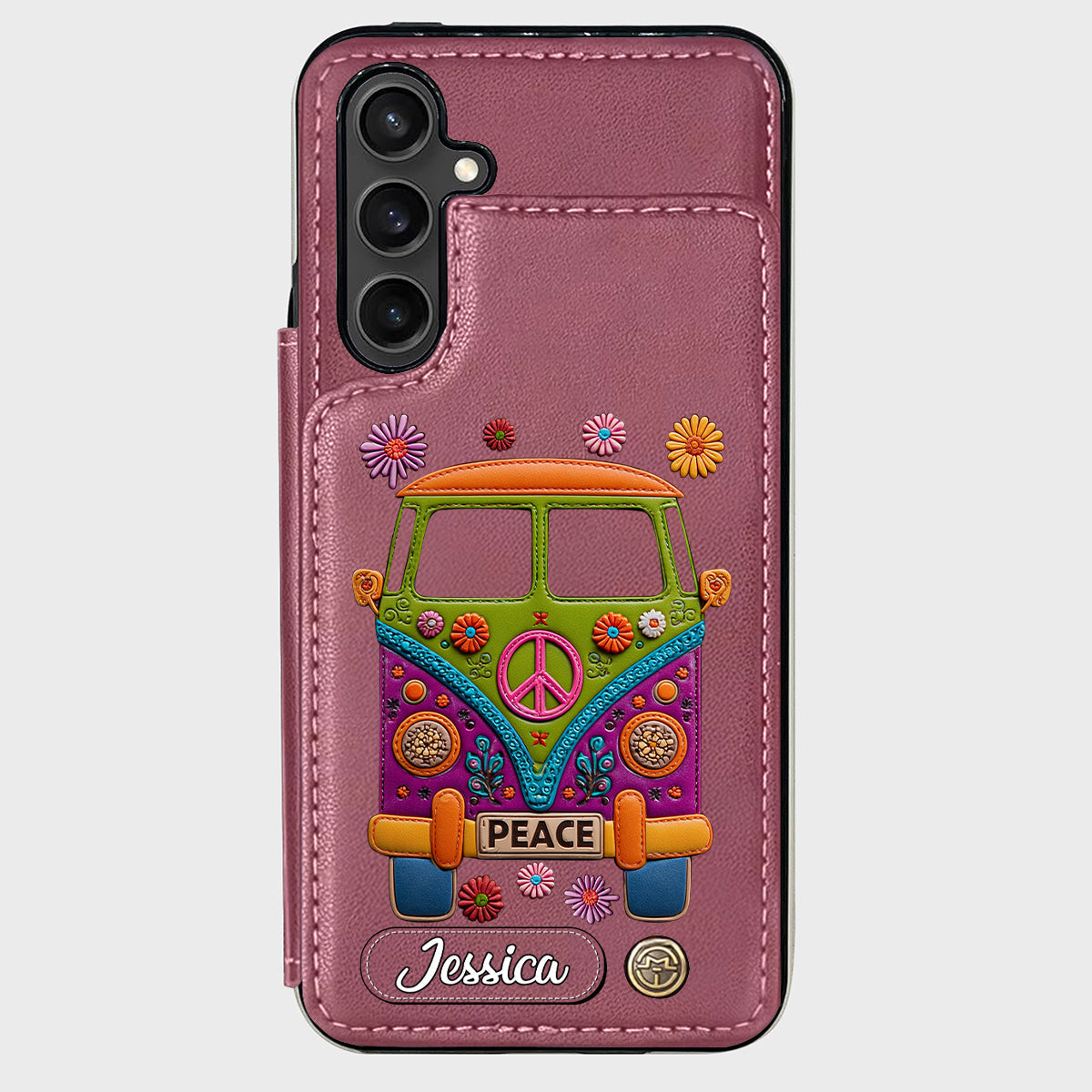 Peace Bus - Étui portefeuille hippie personnalisé avec breloque en cuir