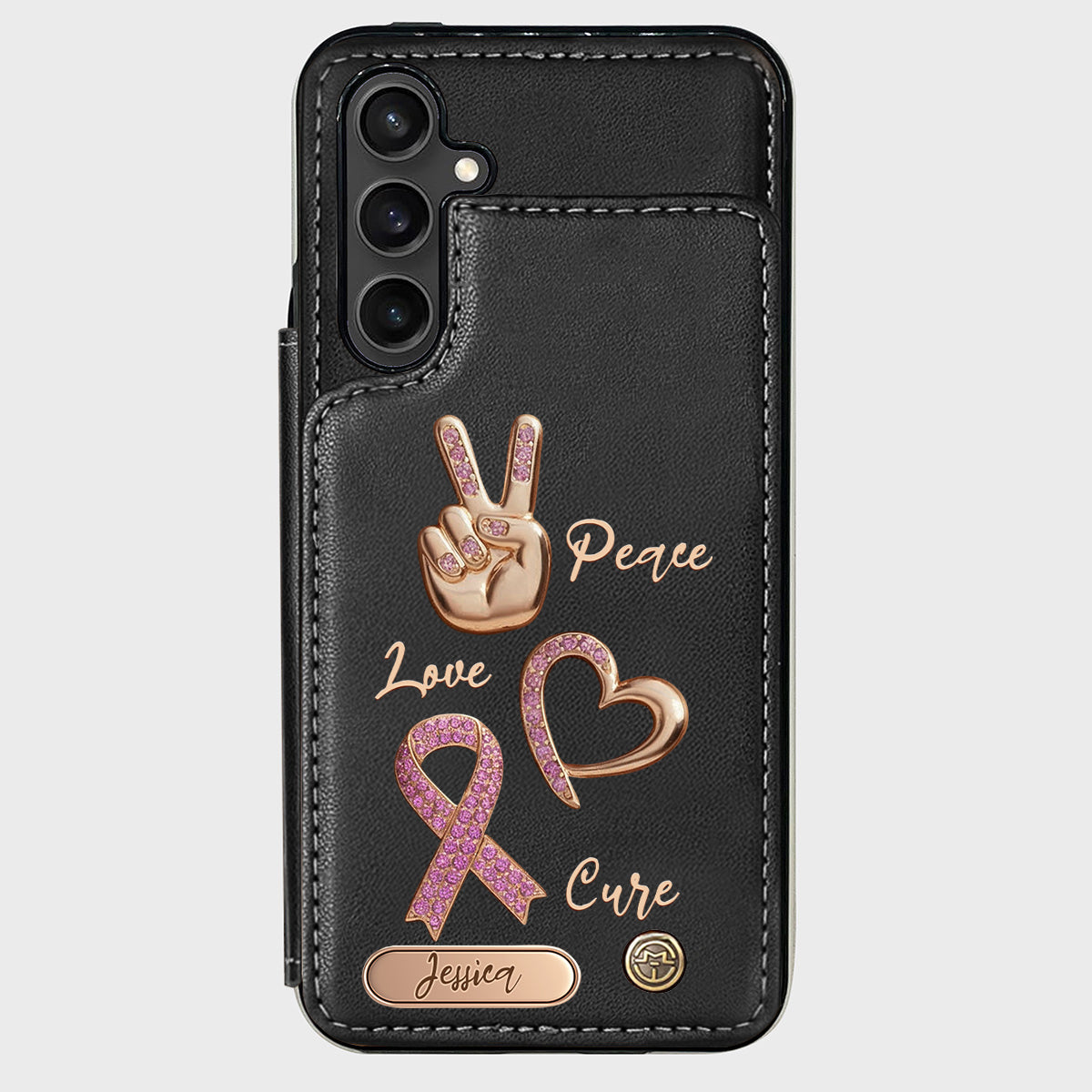 Étui portefeuille personnalisé Peace Love Cure pour téléphone, symbole de sensibilisation au cancer du sein
