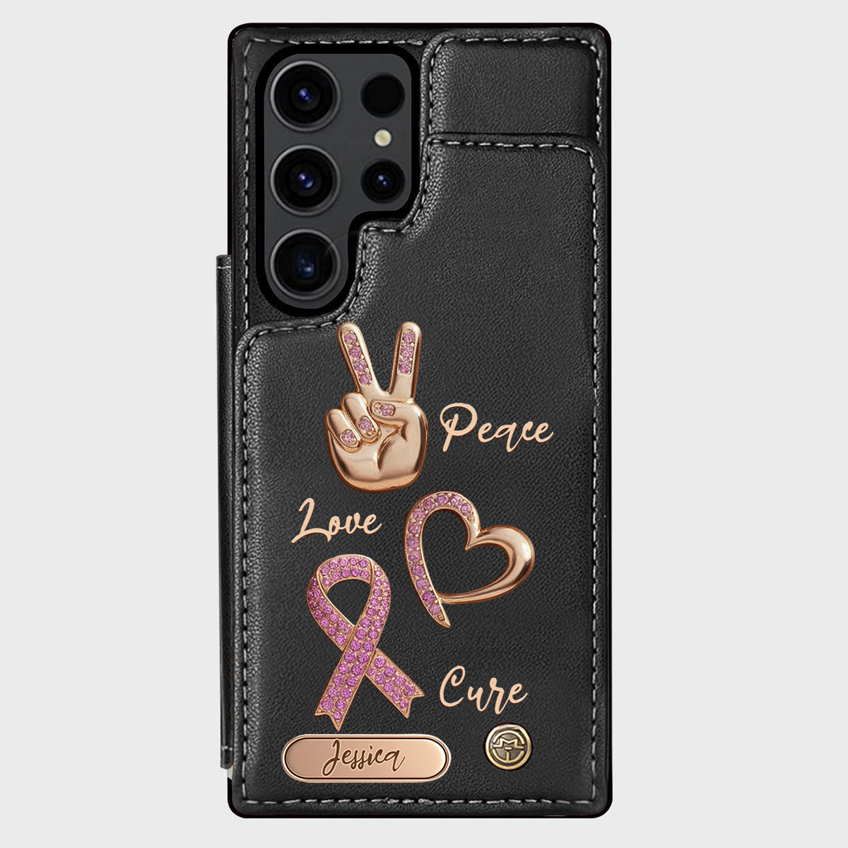 Étui portefeuille personnalisé Peace Love Cure pour téléphone, symbole de sensibilisation au cancer du sein