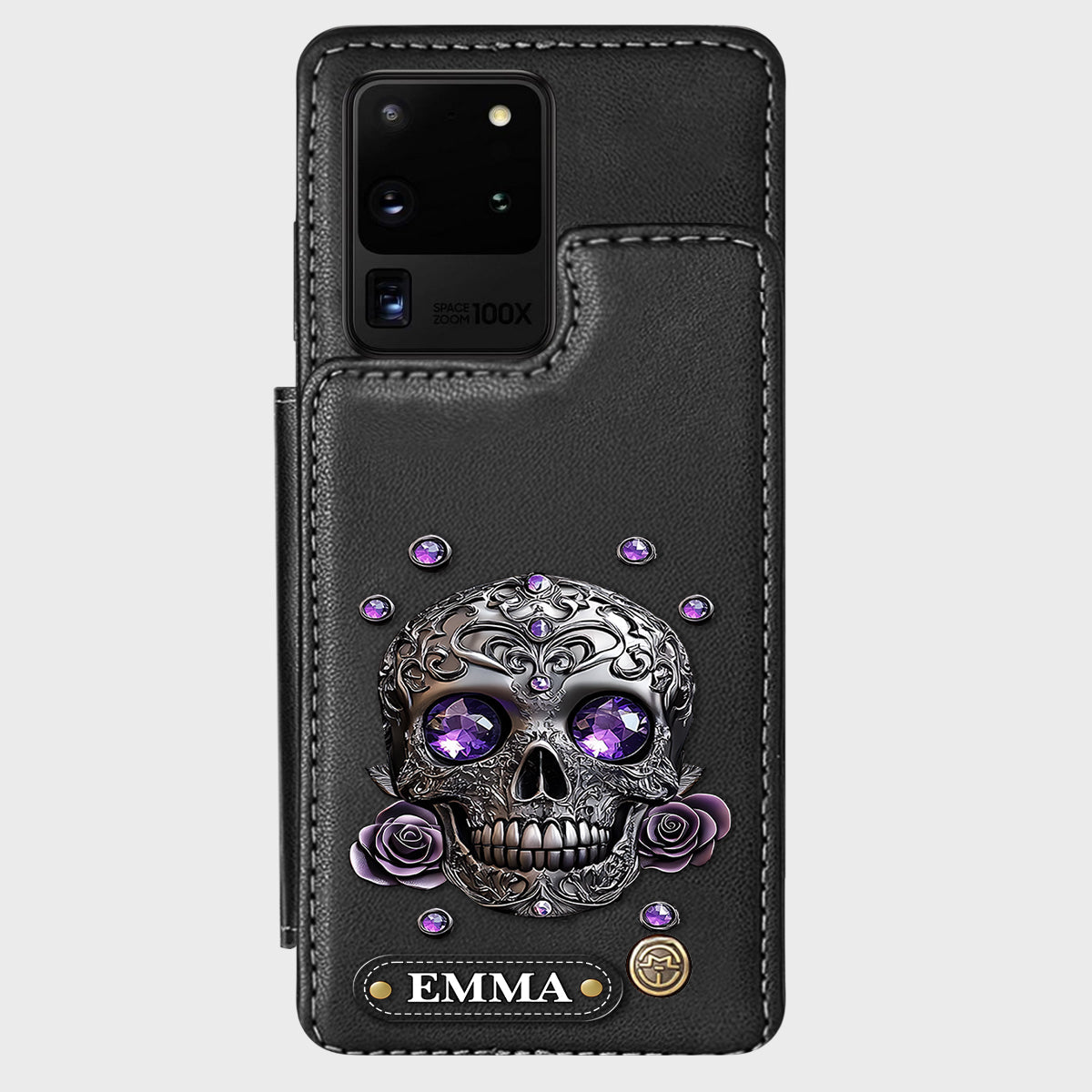 Étui portefeuille personnalisé avec tête de mort et roses