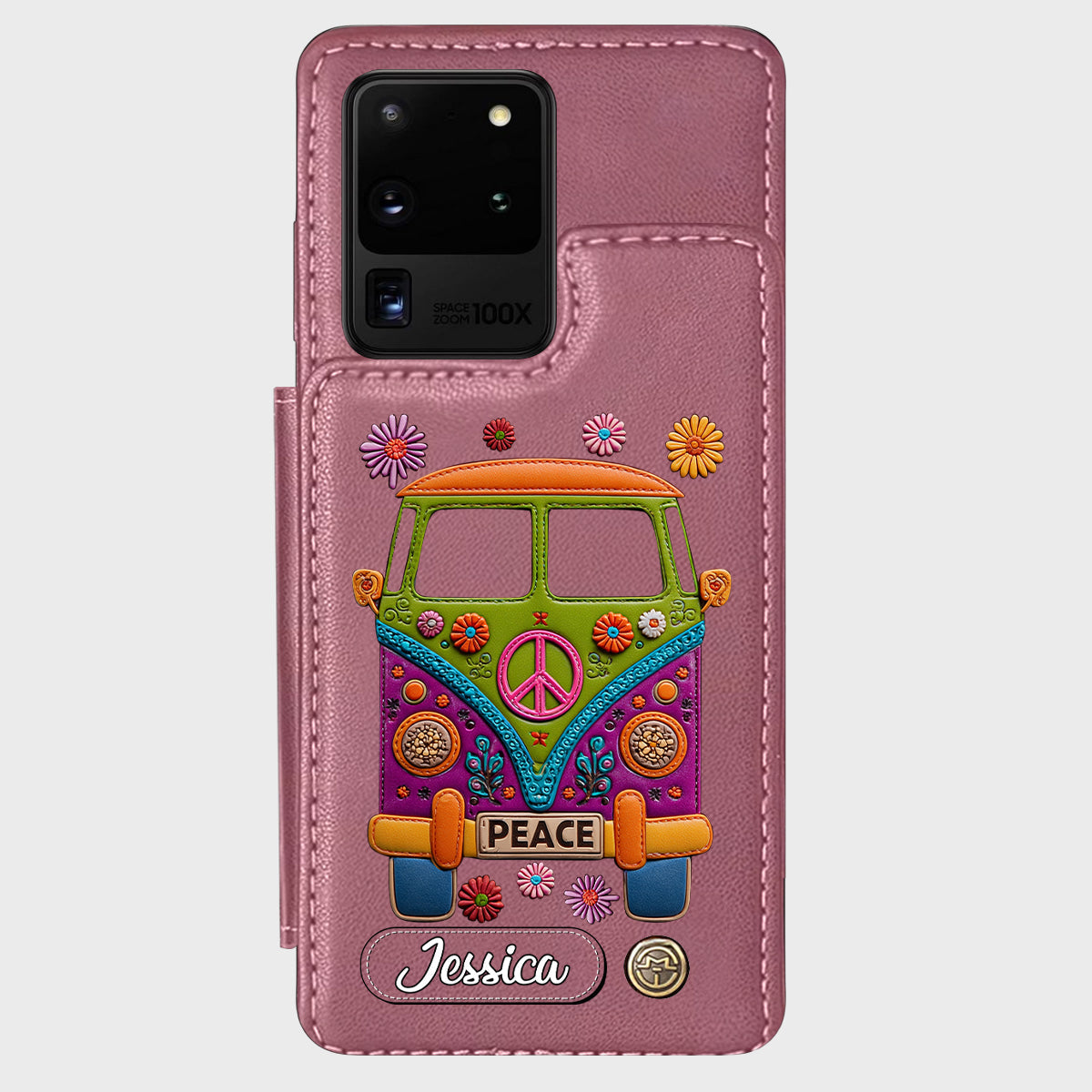 Peace Bus - Étui portefeuille hippie personnalisé avec breloque en cuir