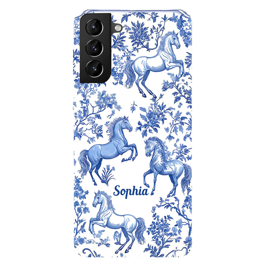 Coque de téléphone personnalisée avec motif cheval bleu et blanc Toile de Jouy - Coque de téléphone à motif cheval intégral