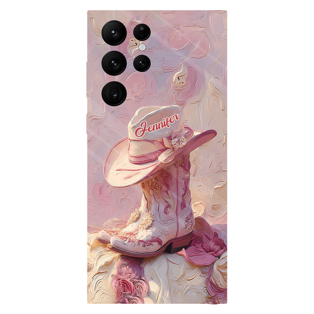 Coque de téléphone et support personnalisés « Cowgirl rose » avec imprimé intégral et support pour téléphone