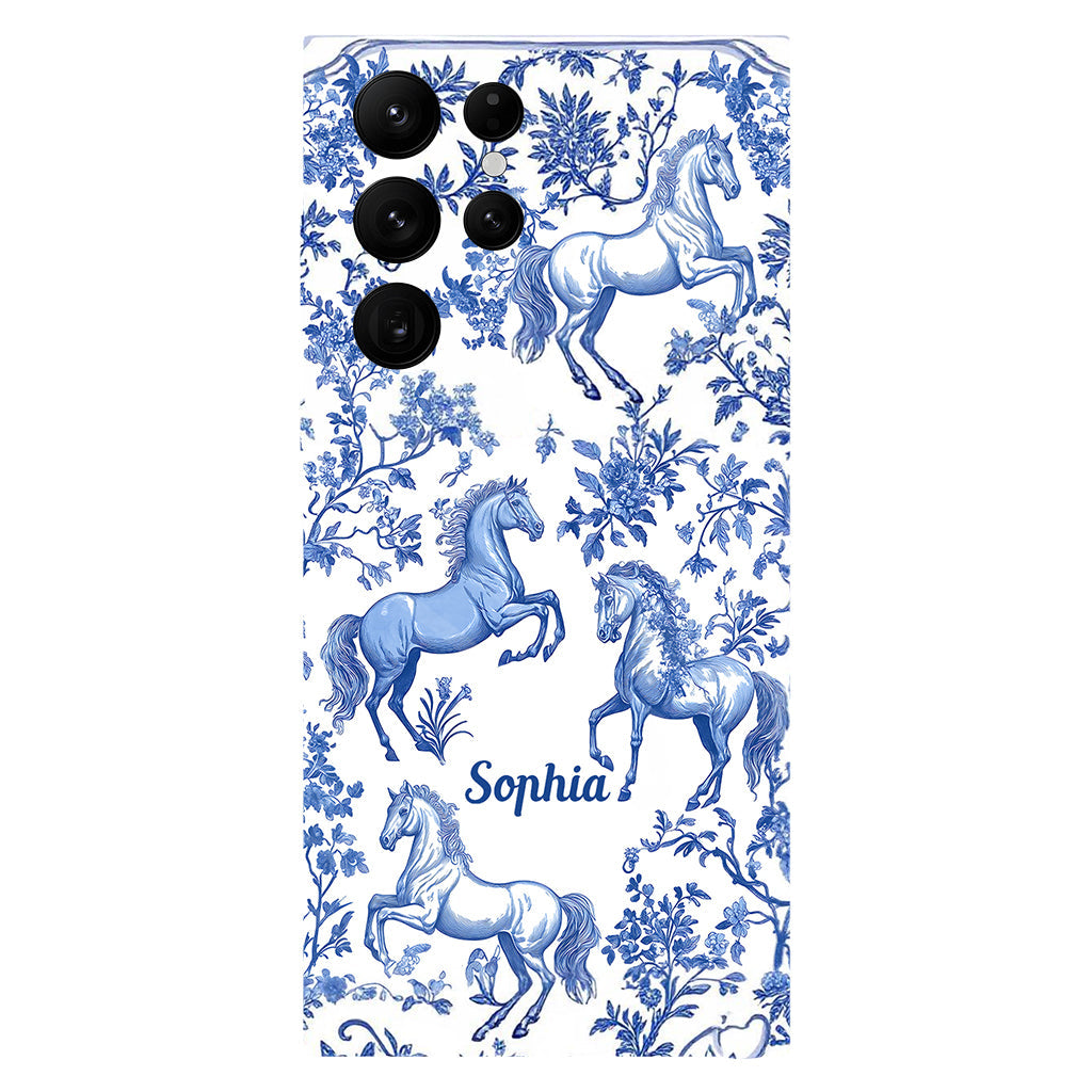 Coque de téléphone personnalisée avec motif cheval bleu et blanc Toile de Jouy - Coque de téléphone à motif cheval intégral