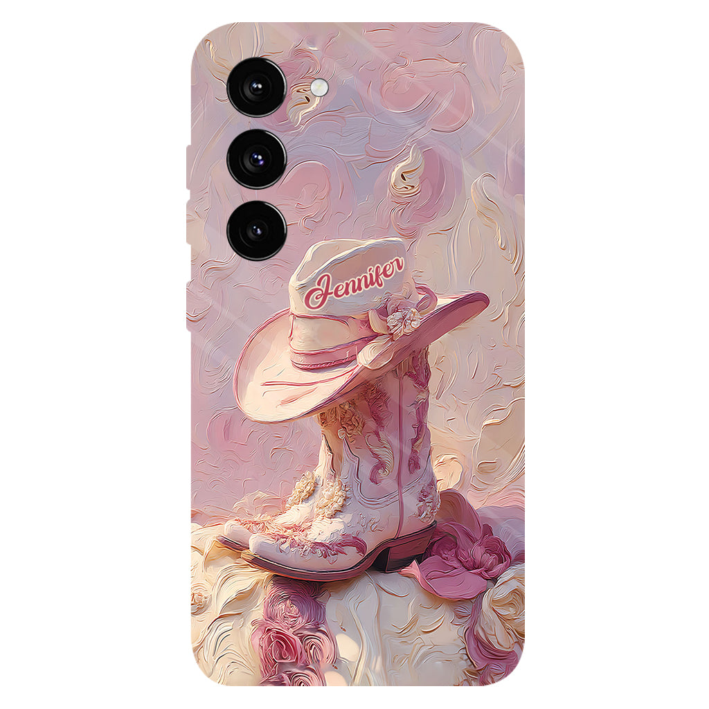Coque de téléphone et support personnalisés « Cowgirl rose » avec imprimé intégral et support pour téléphone