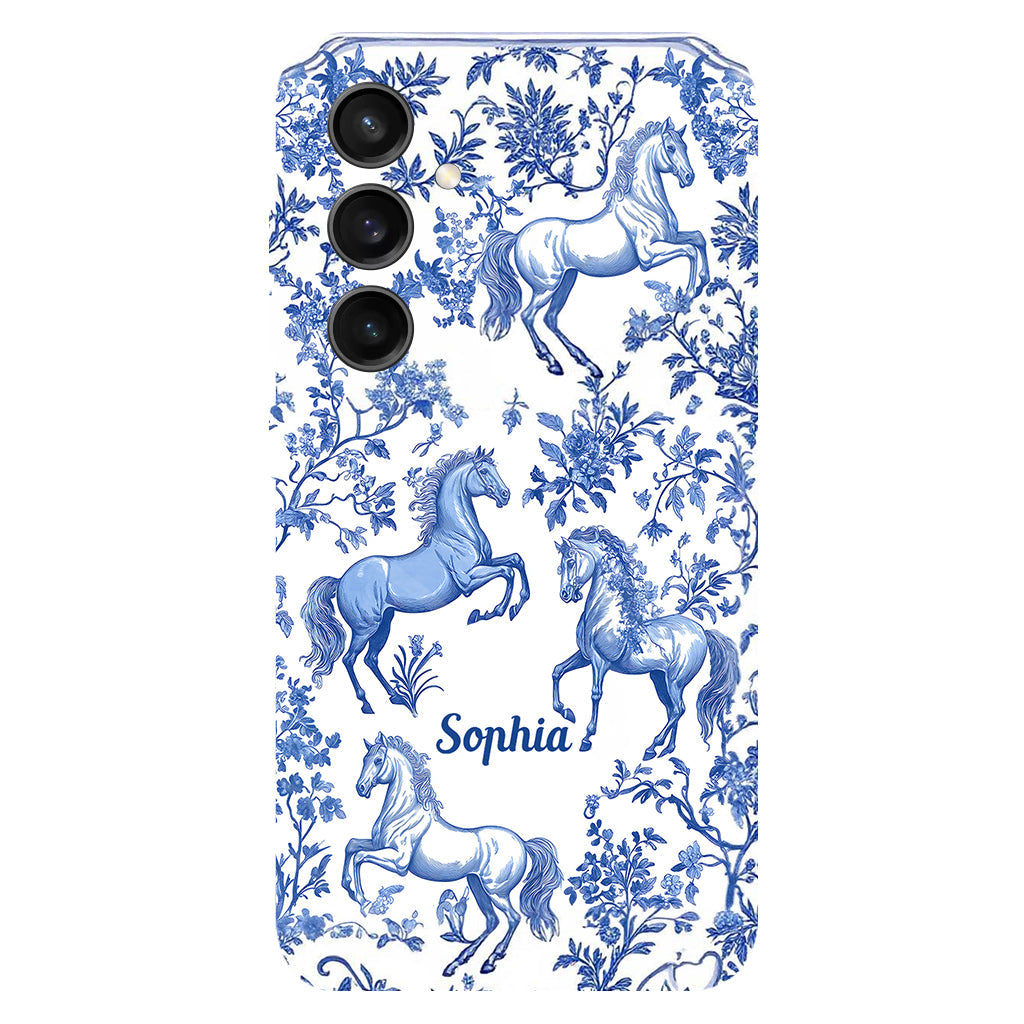 Coque de téléphone personnalisée avec motif cheval bleu et blanc Toile de Jouy - Coque de téléphone à motif cheval intégral