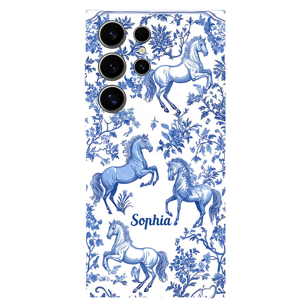 Coque de téléphone personnalisée avec motif cheval bleu et blanc Toile de Jouy - Coque de téléphone à motif cheval intégral