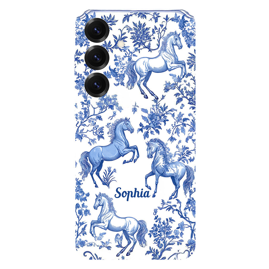 Coque de téléphone personnalisée avec motif cheval bleu et blanc Toile de Jouy - Coque de téléphone à motif cheval intégral