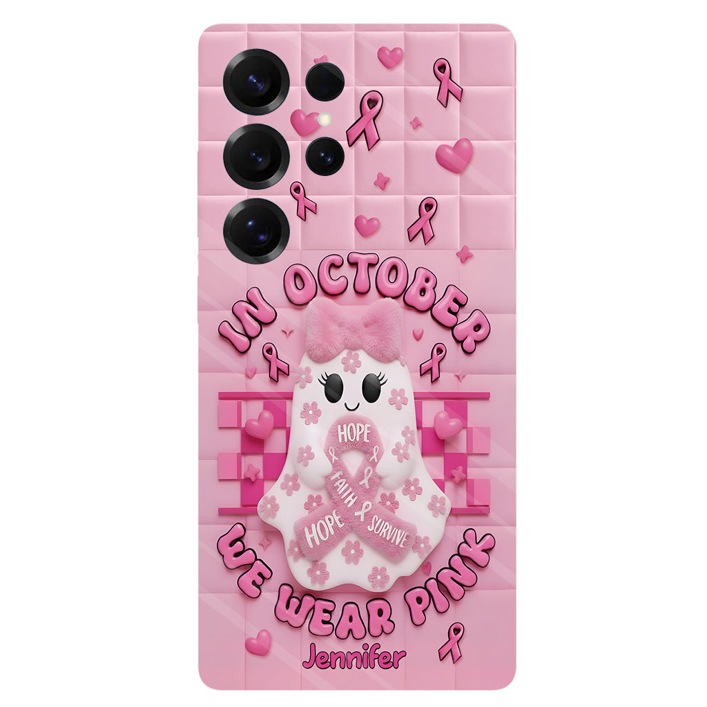 Coque de téléphone personnalisée avec un adorable fantôme et un message de sensibilisation au cancer du sein - Coque de téléphone imprimée intégralement pour la sensibilisation au cancer du sein