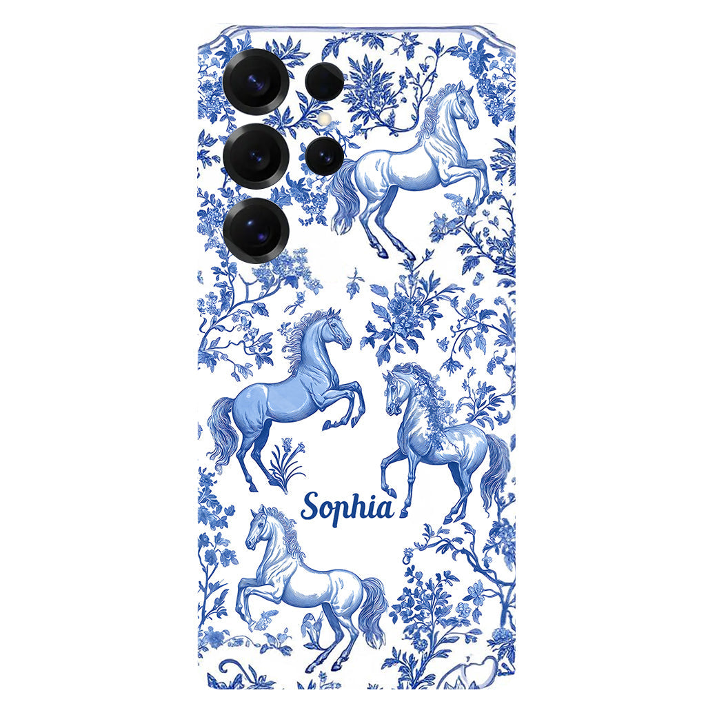 Coque de téléphone personnalisée avec motif cheval bleu et blanc Toile de Jouy - Coque de téléphone à motif cheval intégral