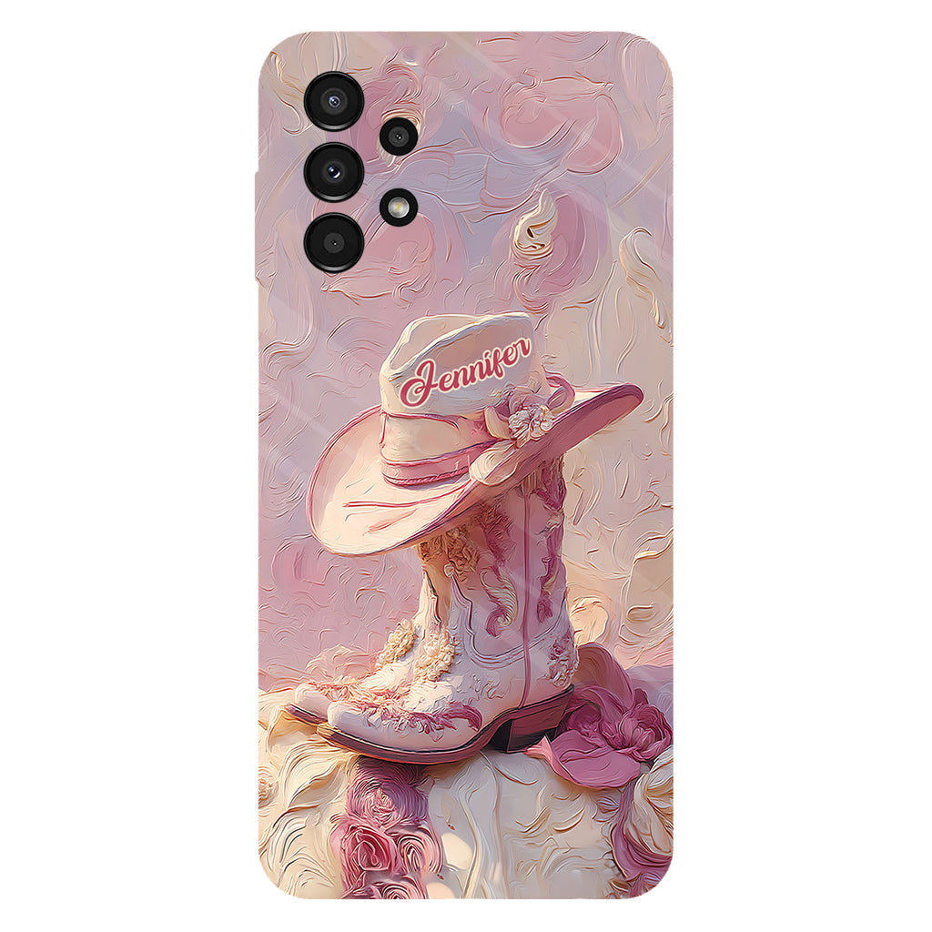 Coque de téléphone et support personnalisés « Cowgirl rose » avec imprimé intégral et support pour téléphone