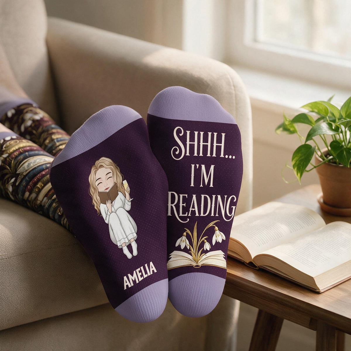 Personalized Shhh I'm Reading Crew Socks - Book Lover Gift for Women
