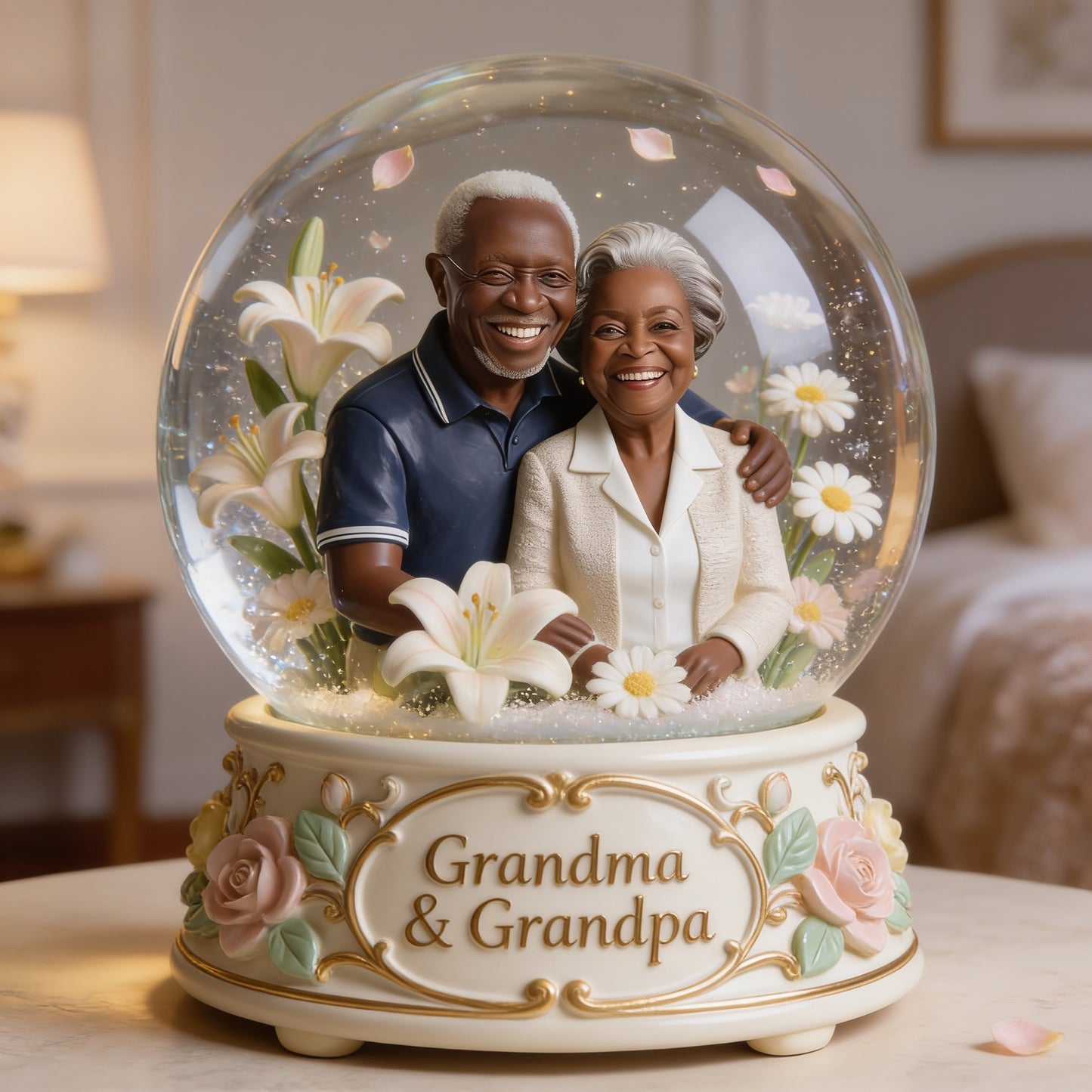 Custom Black Grandma & Grandpa Glass Dome Light - Personalized Couple Figurine Lamp, Sentimental Bedroom Decor Gift