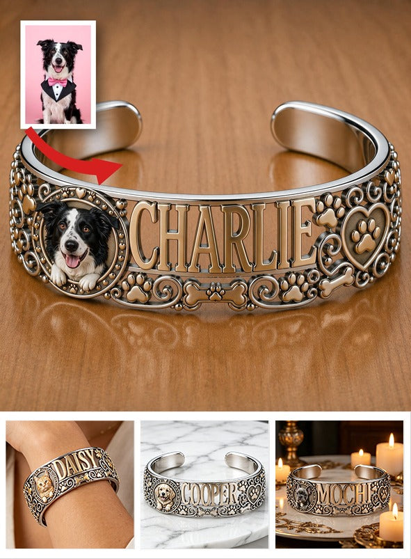 Personalized Black and White Border Collie Cuff Bracelet | Custom Dog Lover Gift for Border Collie Pet Owners