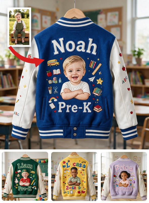 Personalized Little Boy Back To School Varsity Jacket Custom Photo, Name & Grade Embroidered Kids School Gift