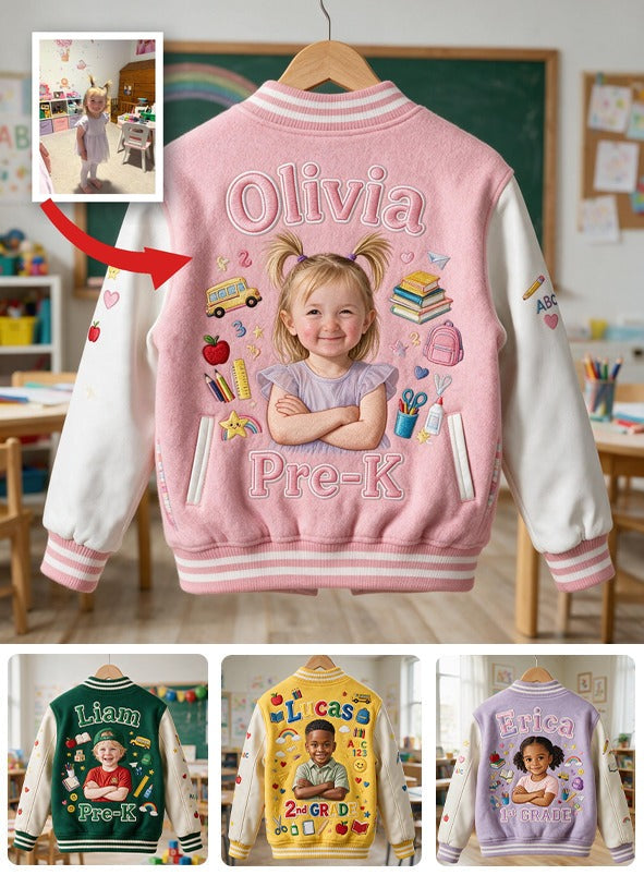 Personalized Little Girl Back To School Varsity Jacket Custom Photo Name Grade Kids Pre-K School Outfit Gift