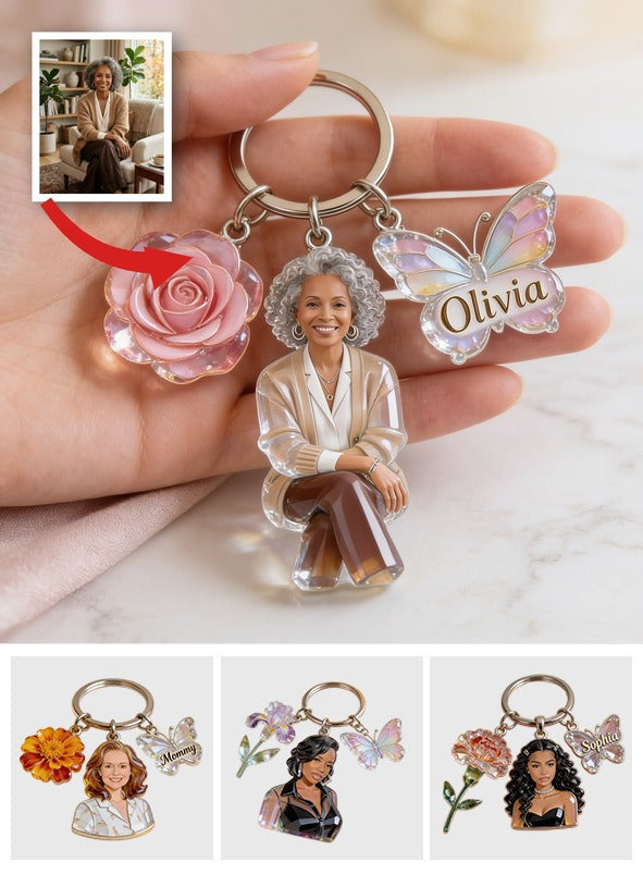 Porte-clés acrylique personnalisé avec portrait de maman Latina souriante, cadeau sentimental sur mesure pour maman