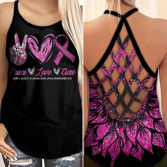 Peace Love Cure Breast Cancer - Breast Cancer Awareness Cross Tank Top 0722