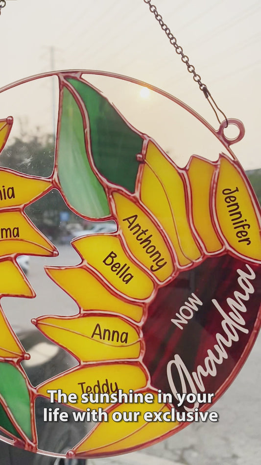 First Mom Now Grandma Sunflower - Personalized Grandma Window Hanging Suncatcher Ornament