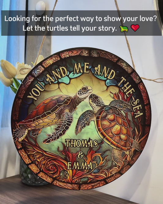 Stained Glass Turtle Couple - Turtle gift for husband, wife, boyfriend, girlfriend - Personalized Round Wood Sign