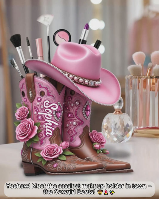 Bottes de cowgirl - Porte-pinceaux de maquillage en bois personnalisé sur le thème des cowgirls