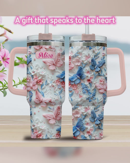 Pink And Blue Butterflies - Personalized Butterfly Tumbler With Handle