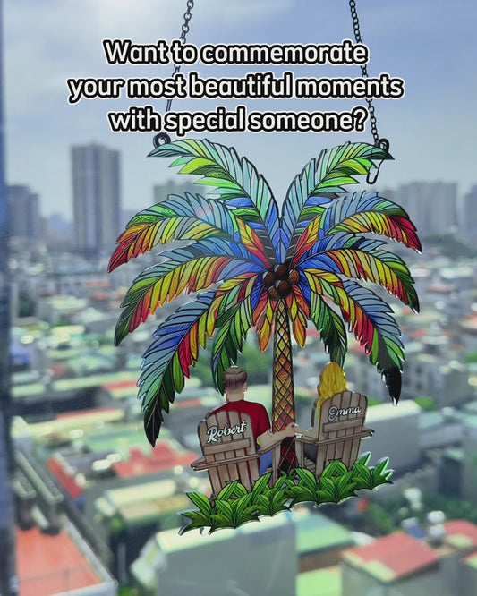 Under The Palm Tree Happy Couple - Personalized Couple Window Hanging Suncatcher Ornament