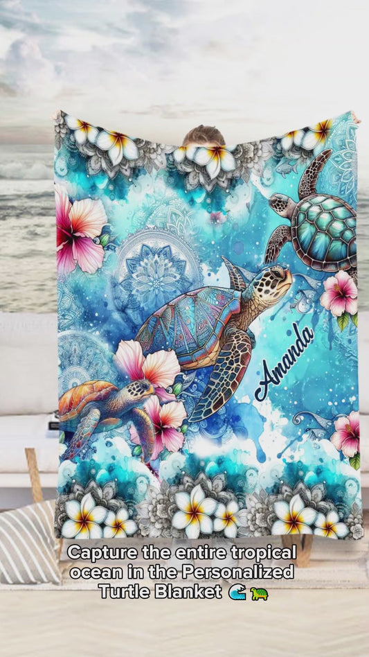 Couverture personnalisée Tortue marine Mandala Fleurs tropicales - Couverture Tortue