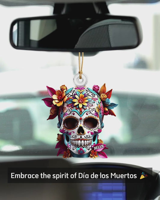 Floral Sugar Skull - Personalized Skull Custom Shaped Car Ornament