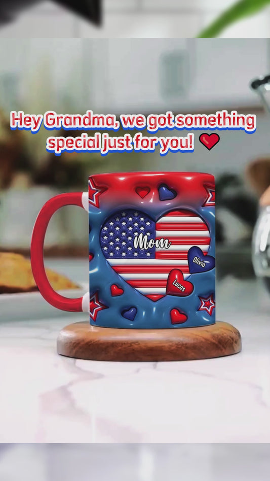 Mug personnalisé « Grand-mère et petits-enfants » avec drapeau en forme de cœur et motif Cœur gonflé