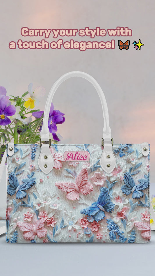 Sac à main en cuir personnalisé avec papillons roses et bleus