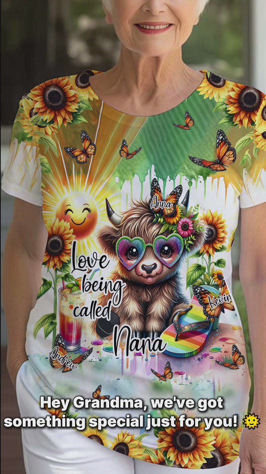 J'adore qu'on m'appelle Mamie ! Ambiance estivale avec une vache des Highlands - T-shirt entièrement personnalisé