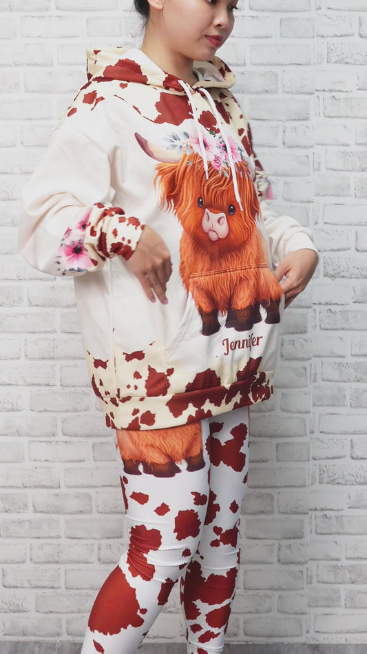 Juste une fille qui aime les vaches des Highlands - Sweat à capuche et legging personnalisés avec motif vache des Highlands