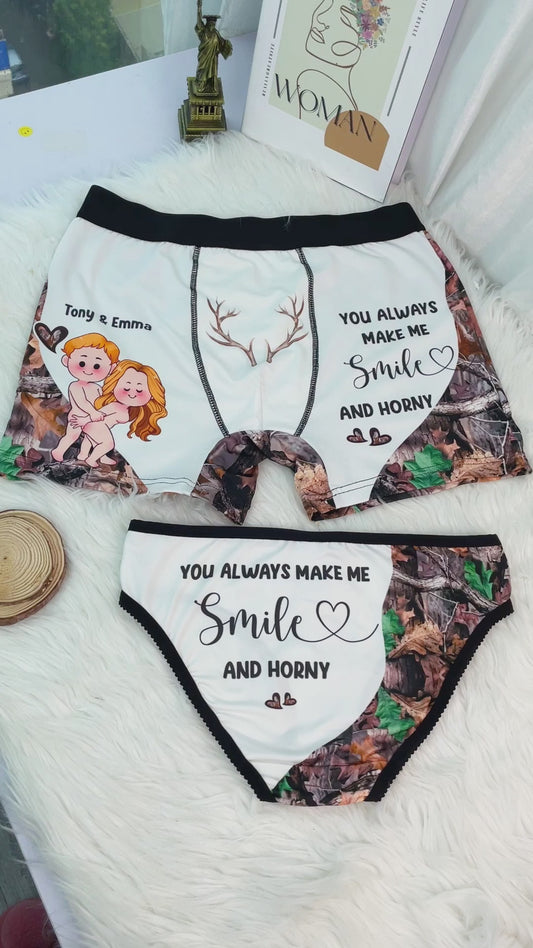 Tu me fais toujours sourire et m'exciter - Culottes pour femmes et boxers pour hommes avec bordure en dentelle personnalisée sur le thème de la chasse