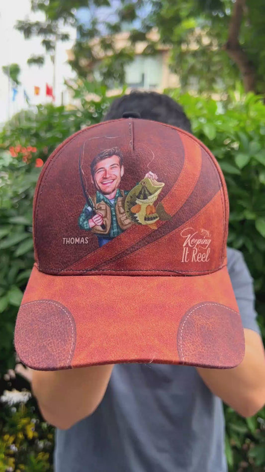 Casquette de pêche classique personnalisée avec photo et motif humoristique « Keeping It Reel »