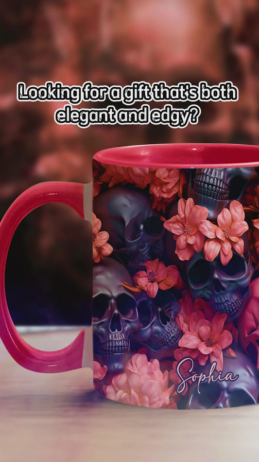Mug personnalisé à motif de crâne et fleurs roses et noirs