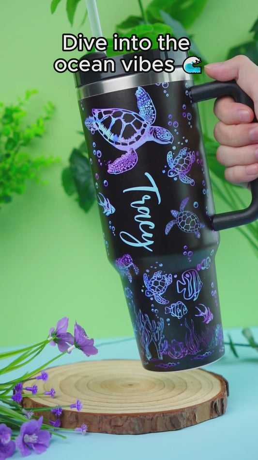Gobelet personnalisé avec poignée - Tortues marines - Nom personnalisé - Tortues marines