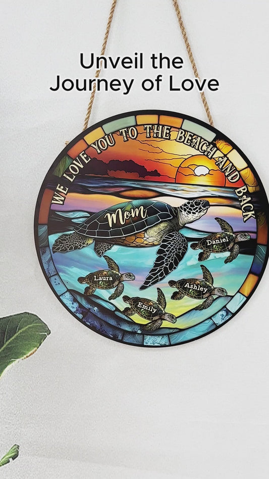 I Love You To The Beach And Back Turtle Mother And Children - Personalized Turtle Round Wood Sign