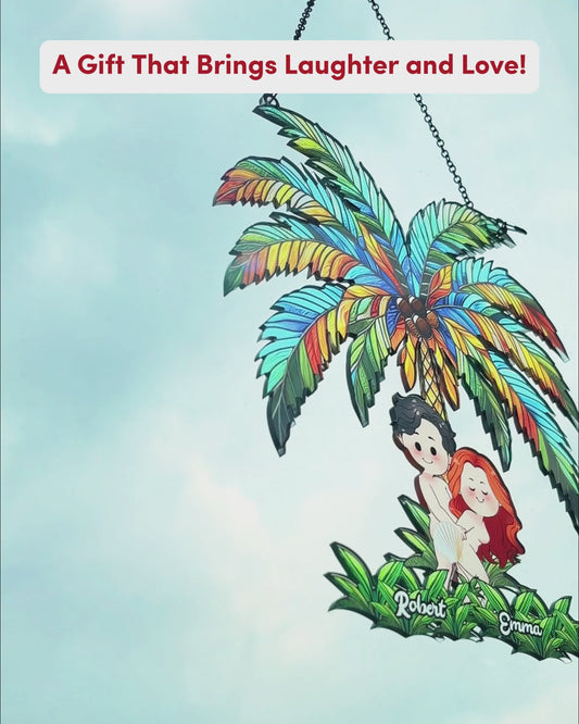 Couple amusant sous le palmier - Décoration attrape-soleil personnalisée à suspendre à la fenêtre - Couple en peluche 