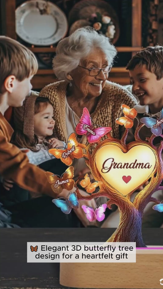 Magnifique arbre à papillons « Grand-mère » - Plaque lumineuse personnalisée en forme de grand-mère