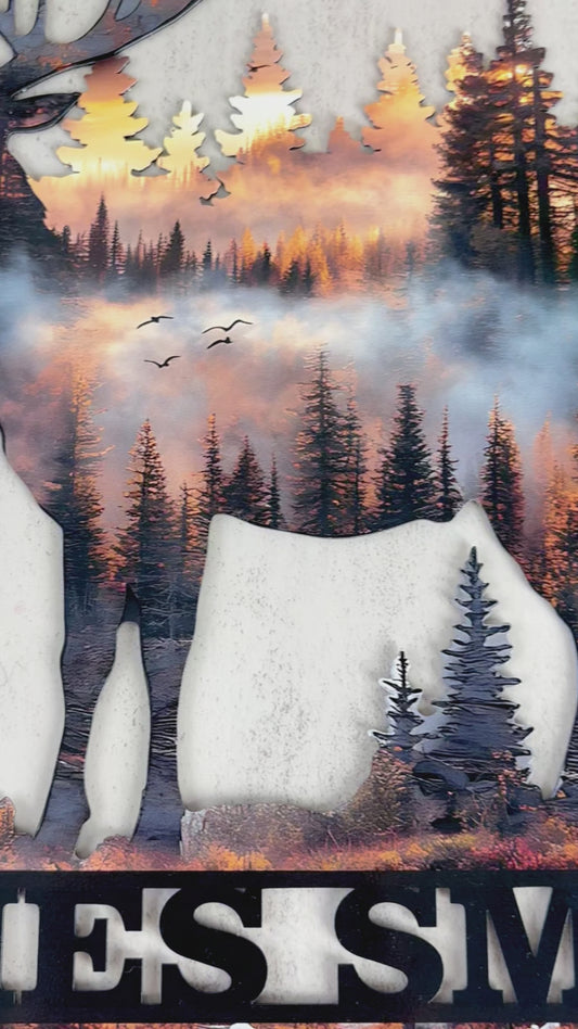 Panneau en métal découpé personnalisé « Chasse au cerf au coucher du soleil » avec nom