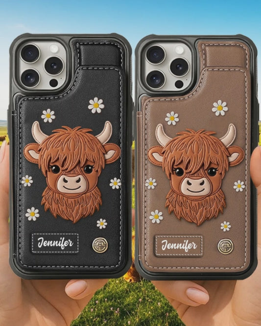 Adorable vache des Highlands - Étui portefeuille personnalisé pour téléphone avec une vache des Highlands